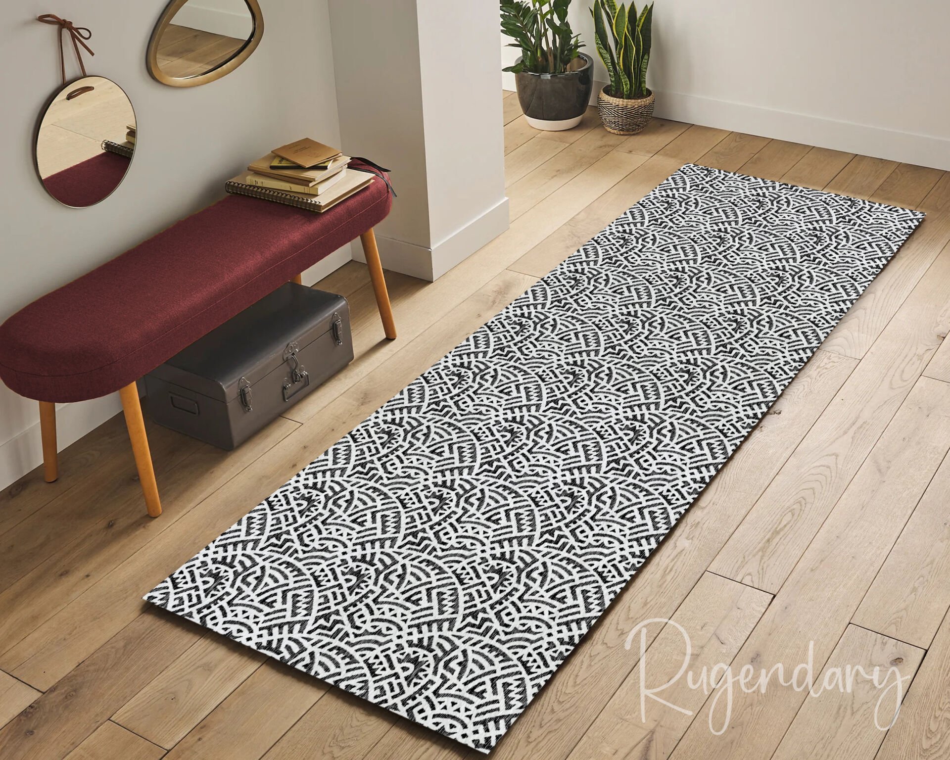 Modern Black and White Geometric Runner Rug – Bold Hallway & Entryway Carpet