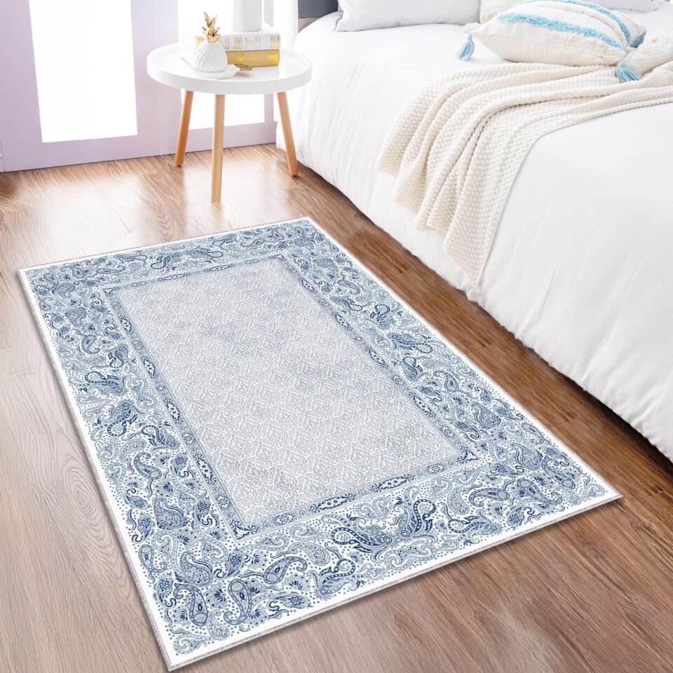Blue Paisley Border Rug – Classic Pattern Carpet for Living Room, Bedroom