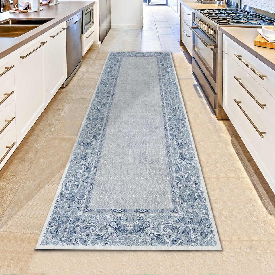 Blue Paisley Border Rug – Classic Pattern Carpet for Living Room, Bedroom