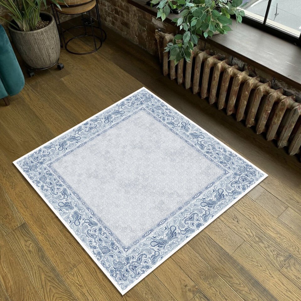 Blue Paisley Border Rug – Classic Pattern Carpet for Living Room, Bedroom