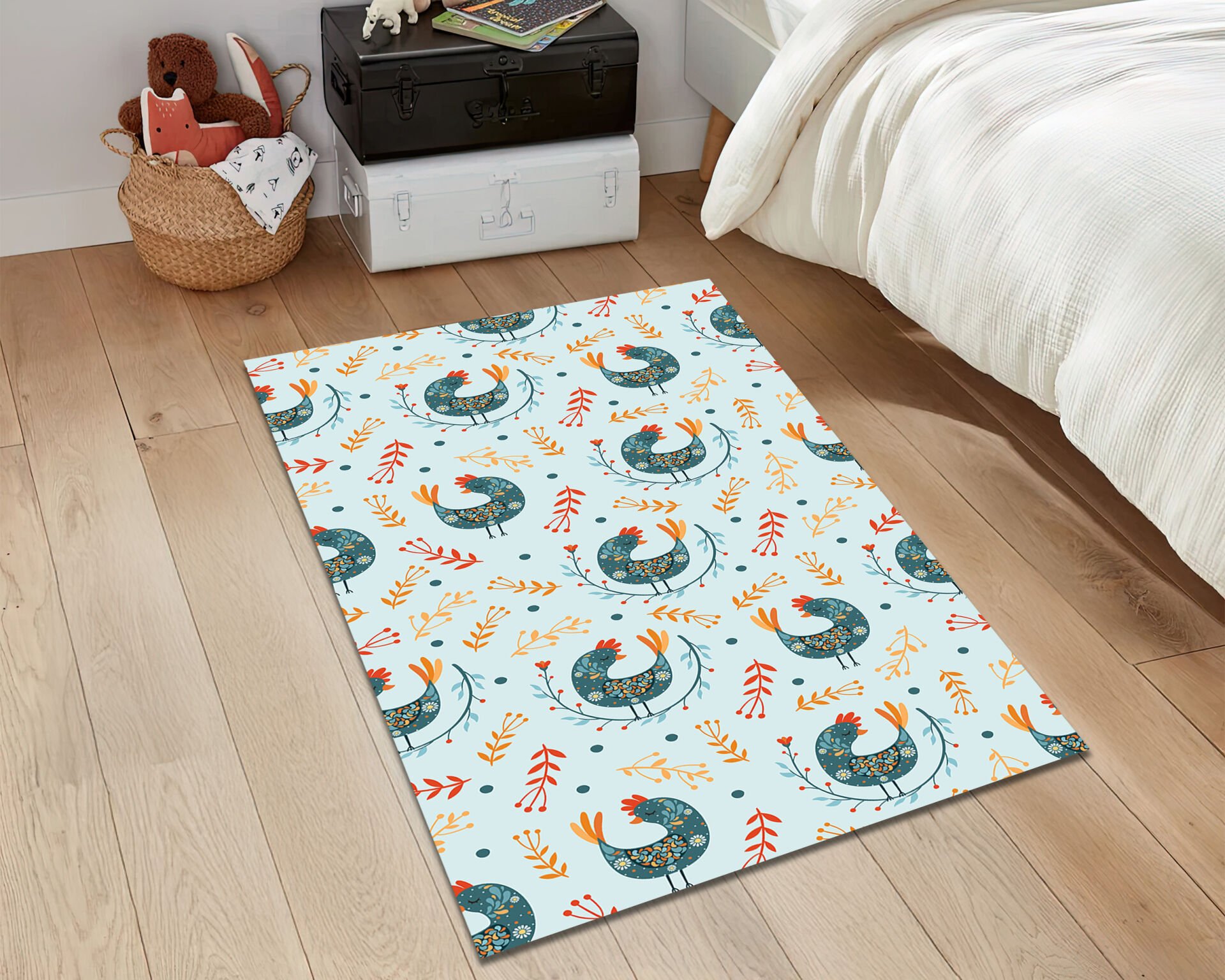 Folk Art Rooster Rug Floral Farmhouse Carpet Country Style Decorative Floor Mat