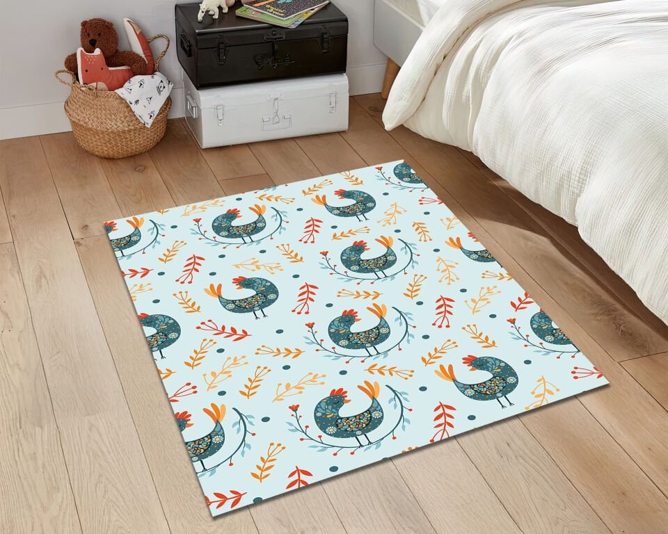Folk Art Rooster Rug Floral Farmhouse Carpet Country Style Decorative Floor Mat