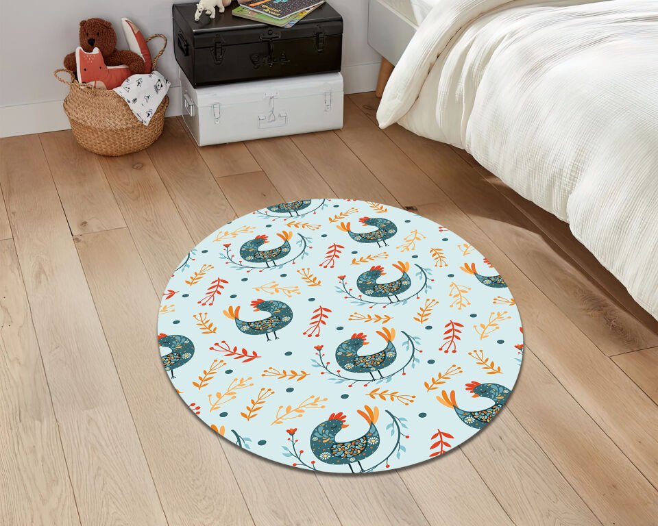 Folk Art Rooster Rug Floral Farmhouse Carpet Country Style Decorative Floor Mat