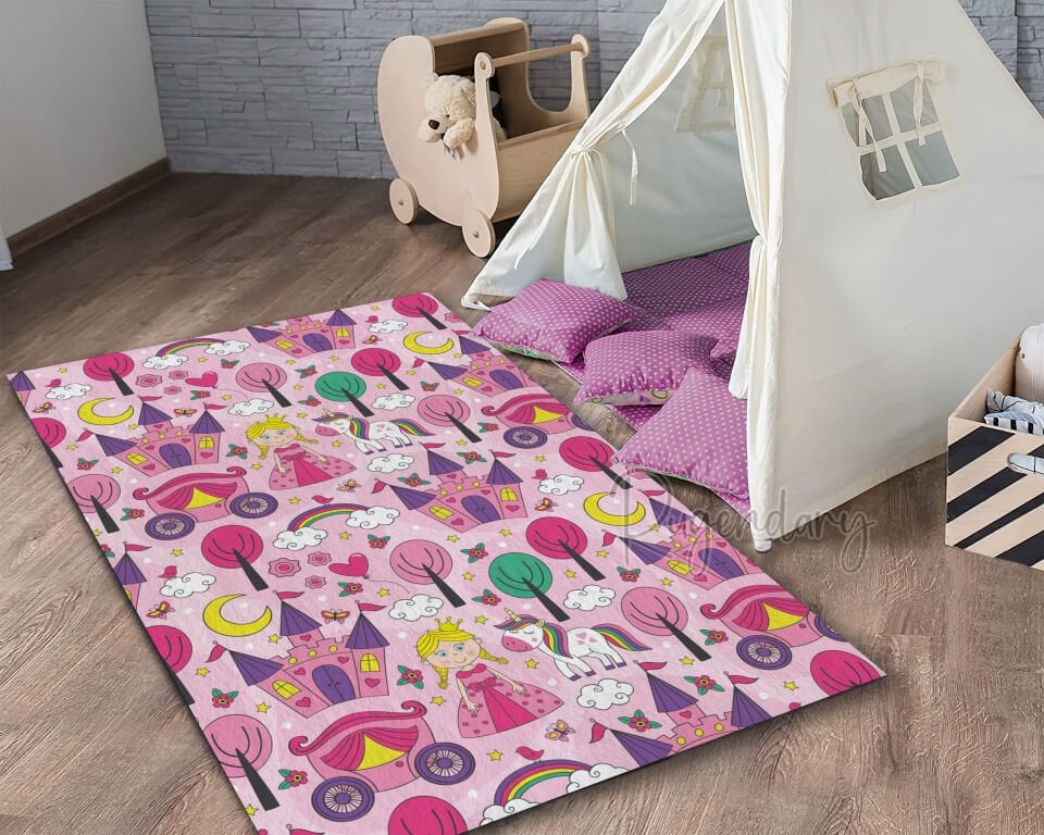 Princess & Unicorn Kids Room Rug – Pink Fairy Tale Castle Carpet