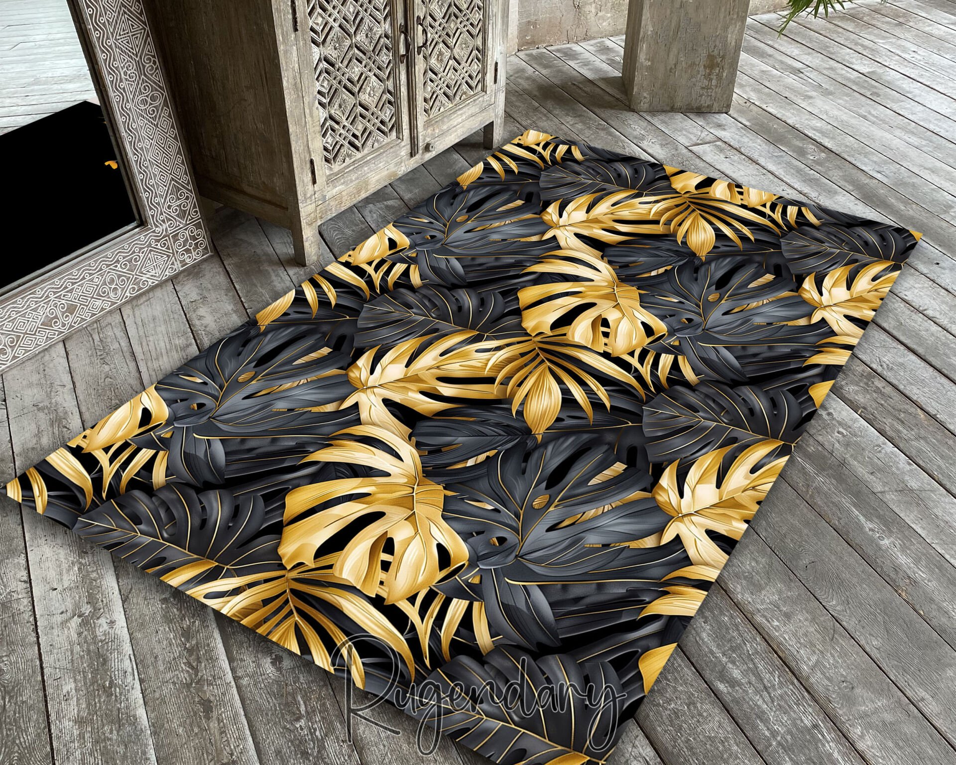 Luxury Black and Gold Tropical Leaf Living Room Rug – Modern Decorative Carpet