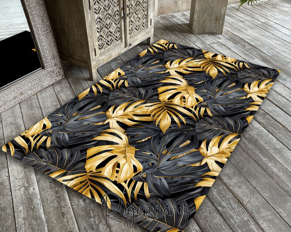 Luxury Black and Gold Tropical Leaf Living Room Rug – Modern Decorative Carpet