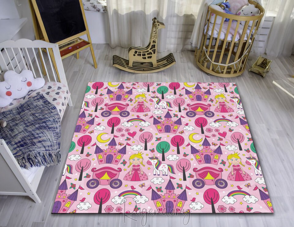 Princess & Unicorn Kids Room Rug – Pink Fairy Tale Castle Carpet