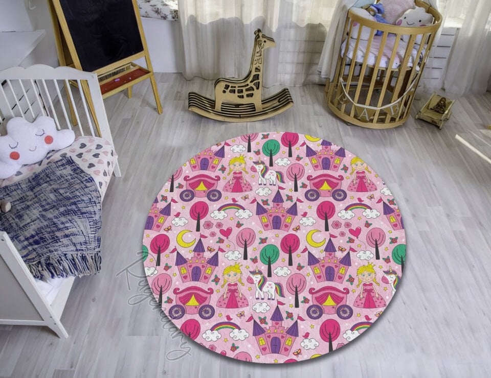 Princess & Unicorn Kids Room Rug – Pink Fairy Tale Castle Carpet