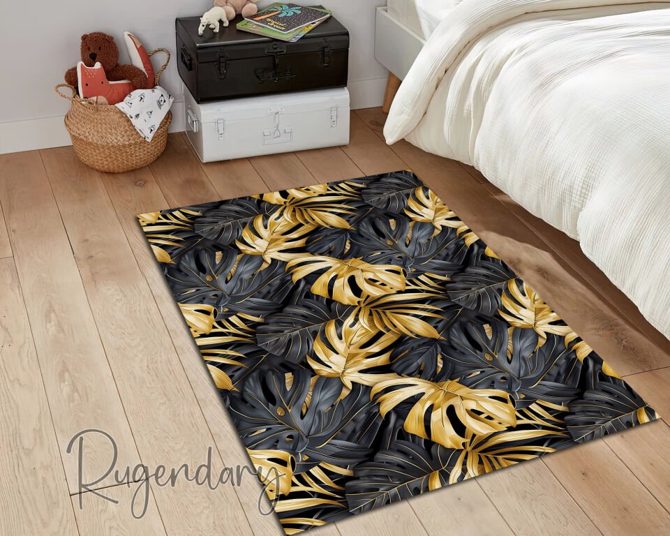 Luxury Black and Gold Tropical Leaf Living Room Rug – Modern Decorative Carpet