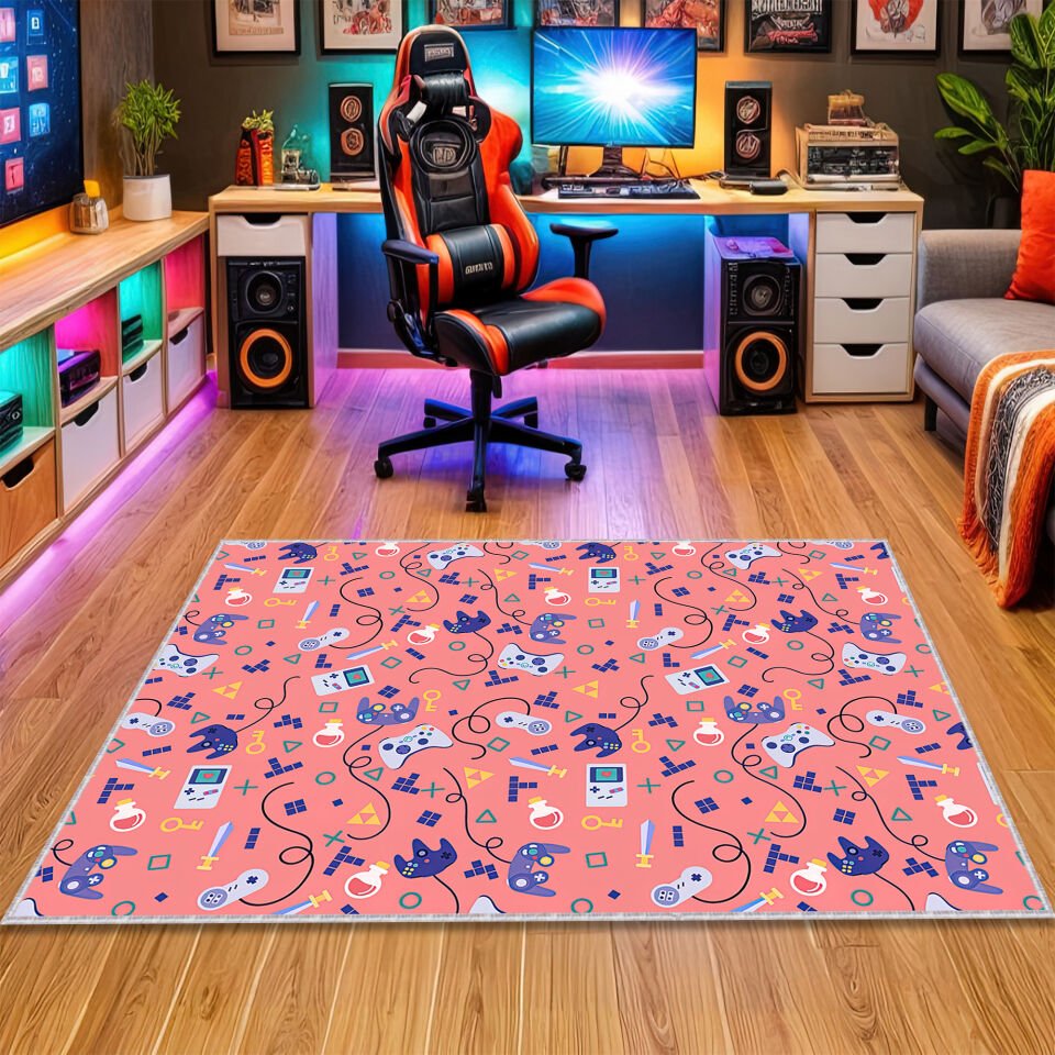 Pink Retro Gaming Icons Rug – Colorful Gamer Carpet with Controllers & Consoles for Fun Game Rooms