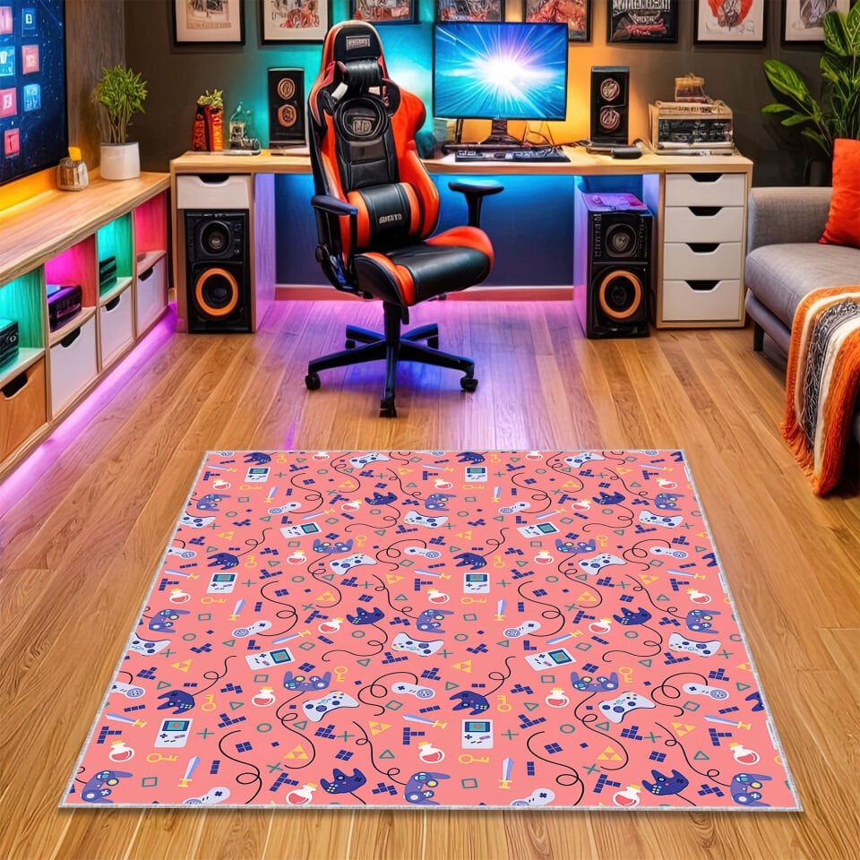 Pink Retro Gaming Icons Rug – Colorful Gamer Carpet with Controllers & Consoles for Fun Game Rooms