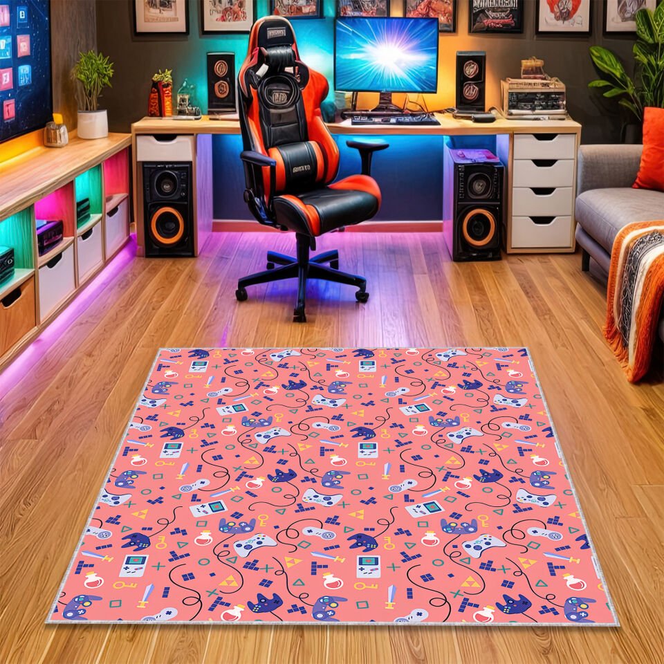 Pink Retro Gaming Icons Rug – Colorful Gamer Carpet with Controllers & Consoles for Fun Game Rooms