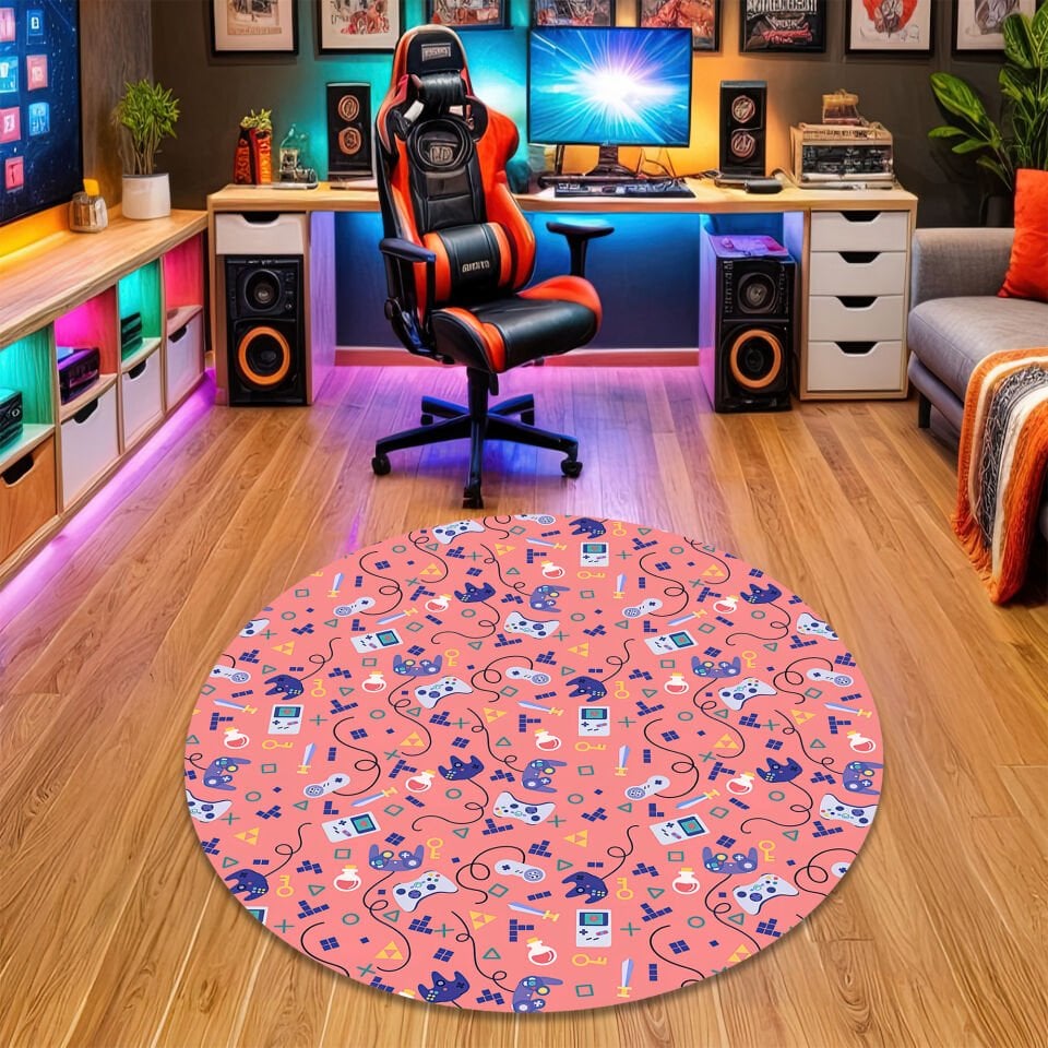 Pink Retro Gaming Icons Rug – Colorful Gamer Carpet with Controllers & Consoles for Fun Game Rooms