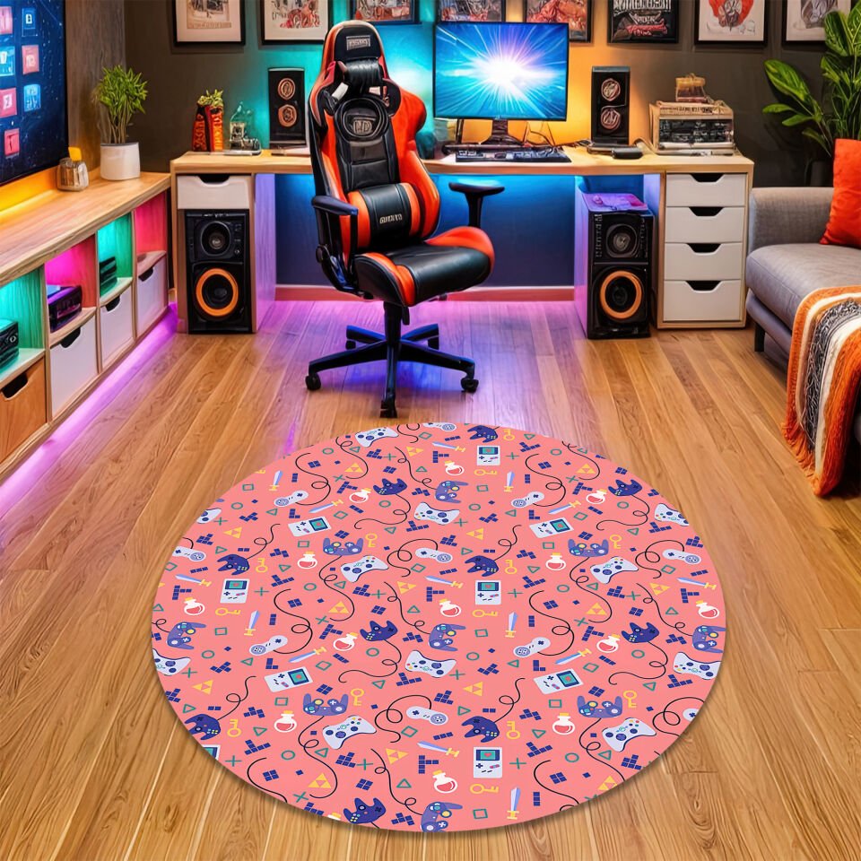 Pink Retro Gaming Icons Rug – Colorful Gamer Carpet with Controllers & Consoles for Fun Game Rooms