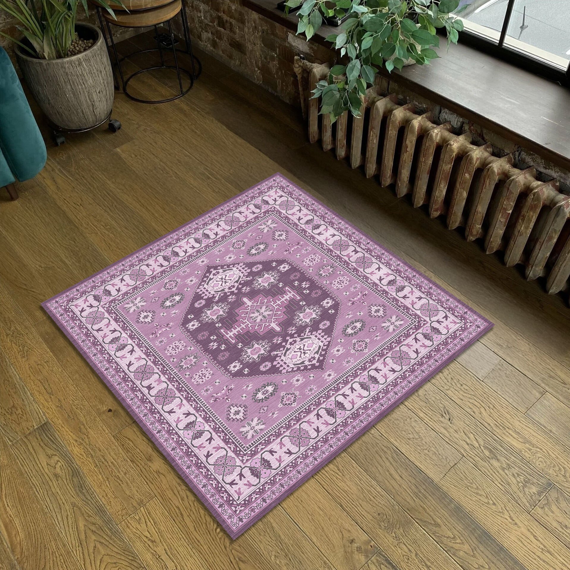 Ethnic Patterned Boho Style Square Rug in Purple and Lilac Tones