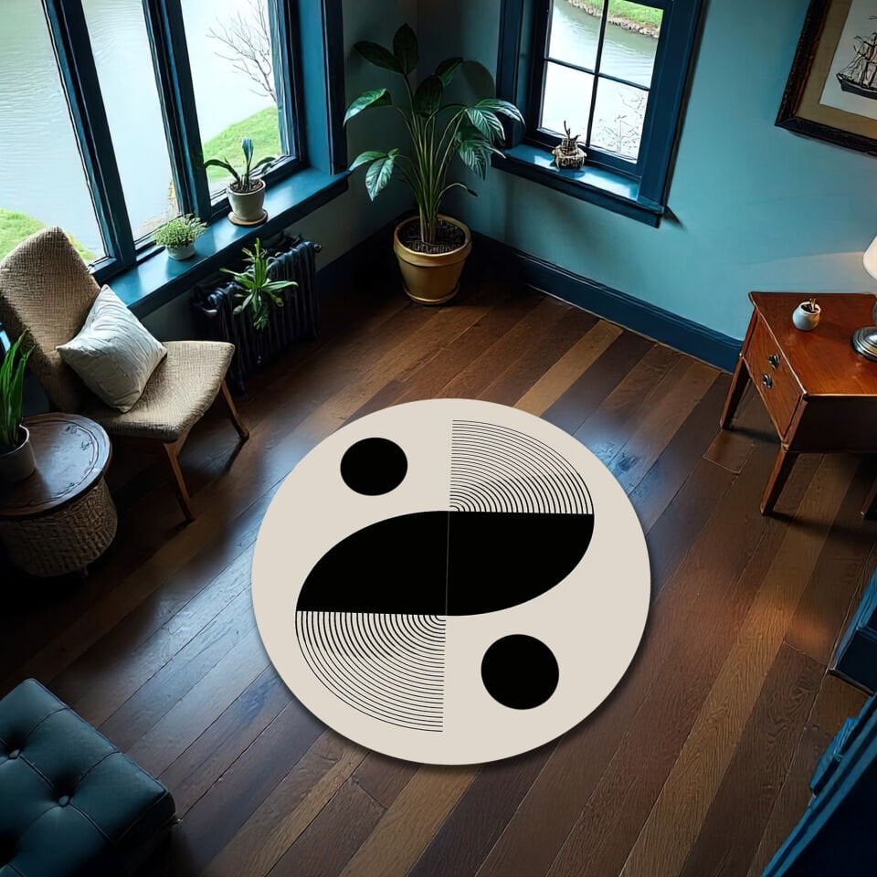 Round Modern Geometric Rug – Black & White Abstract Minimalist Design