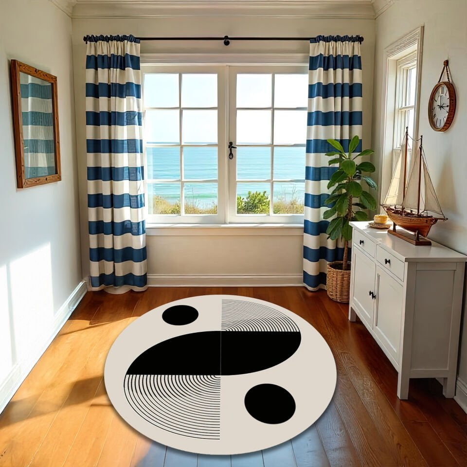 Round Modern Geometric Rug – Black & White Abstract Minimalist Design