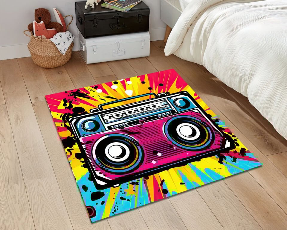 Boombox Pop Art Rug – Colorful Retro Music Carpet for Funky Room Decor