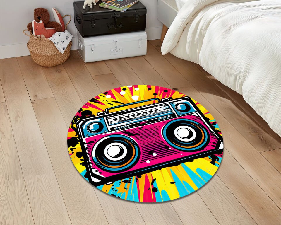Boombox Pop Art Rug – Colorful Retro Music Carpet for Funky Room Decor
