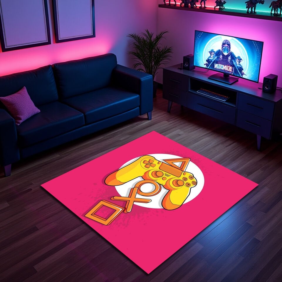 Bright Yellow Game Controller Rug with PlayStation Symbols – Gamer Room Decor