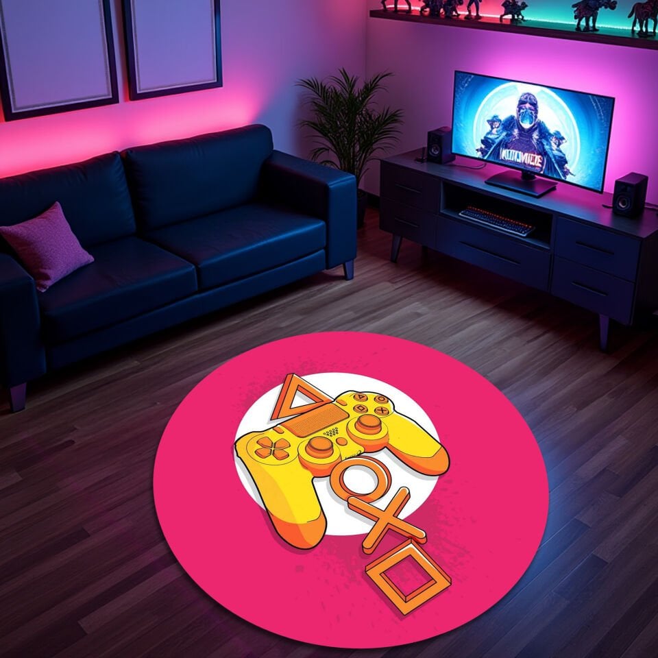 Bright Yellow Game Controller Rug with PlayStation Symbols – Gamer Room Decor