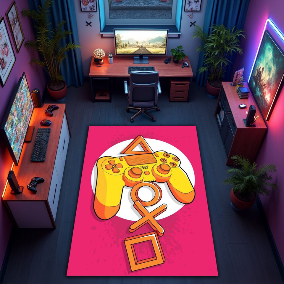 Bright Yellow Game Controller Rug with PlayStation Symbols – Gamer Room Decor