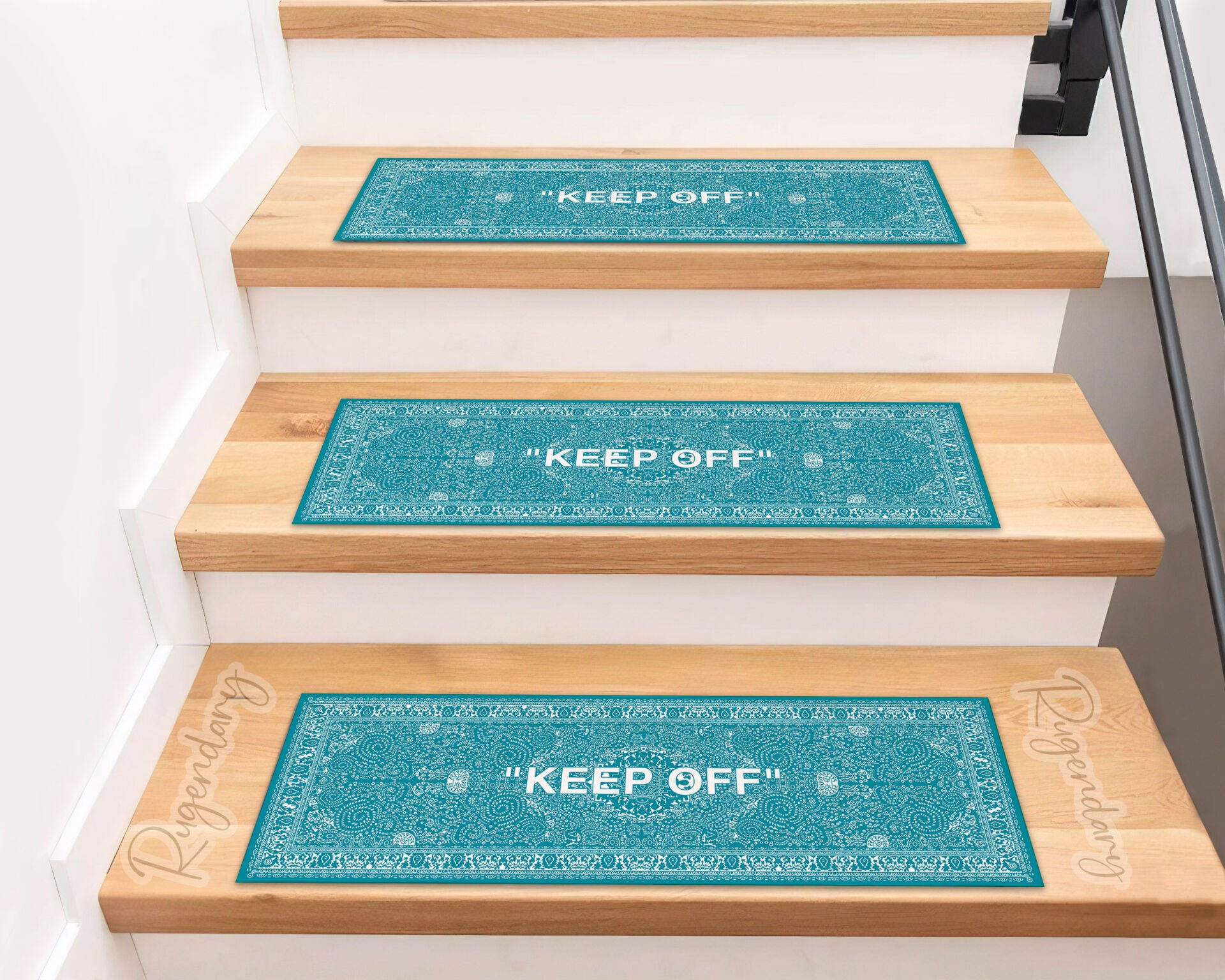 Turquoise Stair Mat with ''KEEP OFF'' Quote – Modern Non-Slip Carpet Step Cover