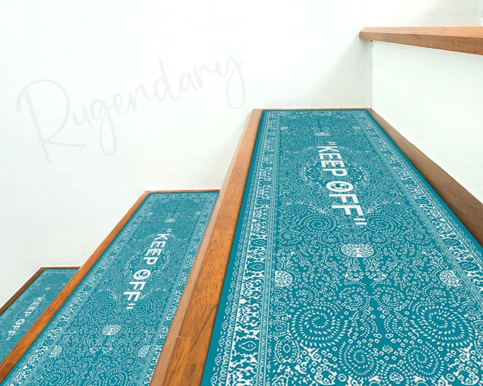 Turquoise Stair Mat with ''KEEP OFF'' Quote – Modern Non-Slip Carpet Step Cover