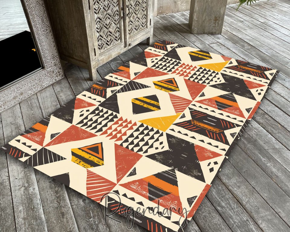 Bohemian Geometric Living Room Rug – Modern Tribal Pattern in Warm Earth Tones