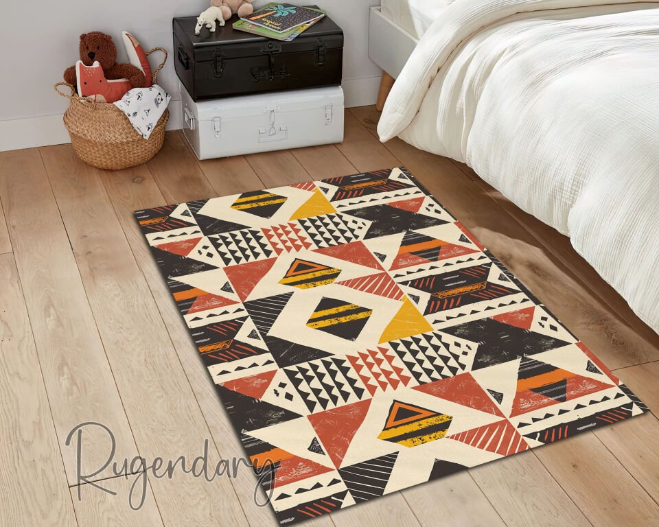 Bohemian Geometric Living Room Rug – Modern Tribal Pattern in Warm Earth Tones