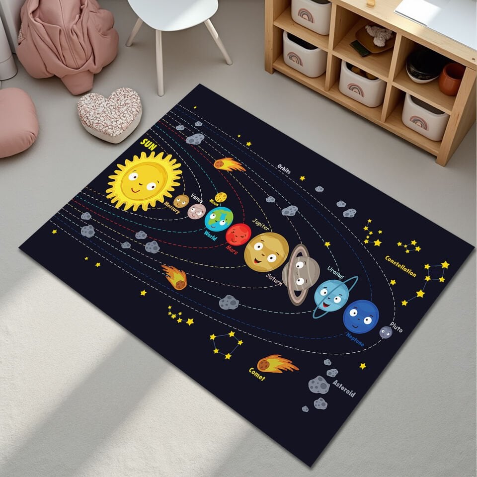 Kids Room Rug – Colorful Solar System Educational Play Mat for Learning and Fun