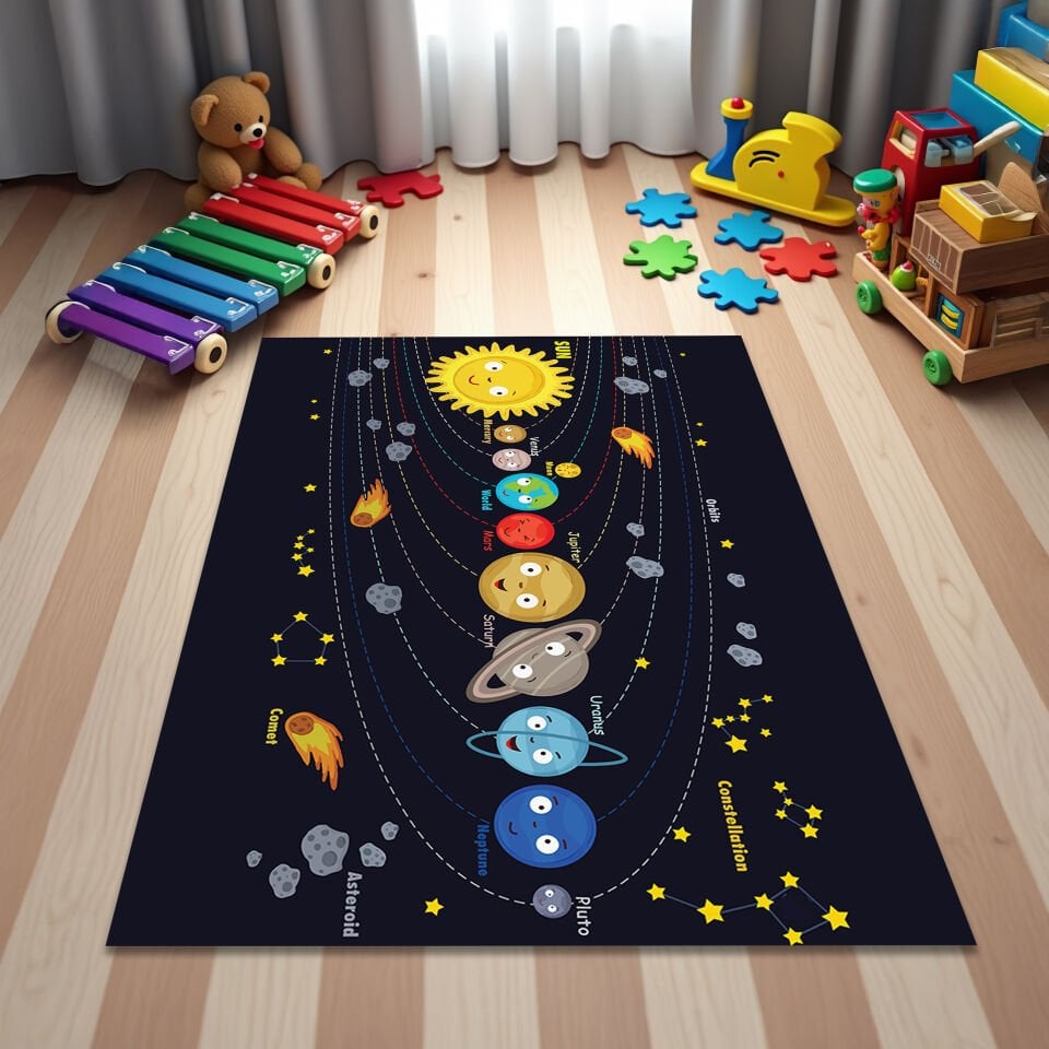 Kids Room Rug – Colorful Solar System Educational Play Mat for Learning and Fun