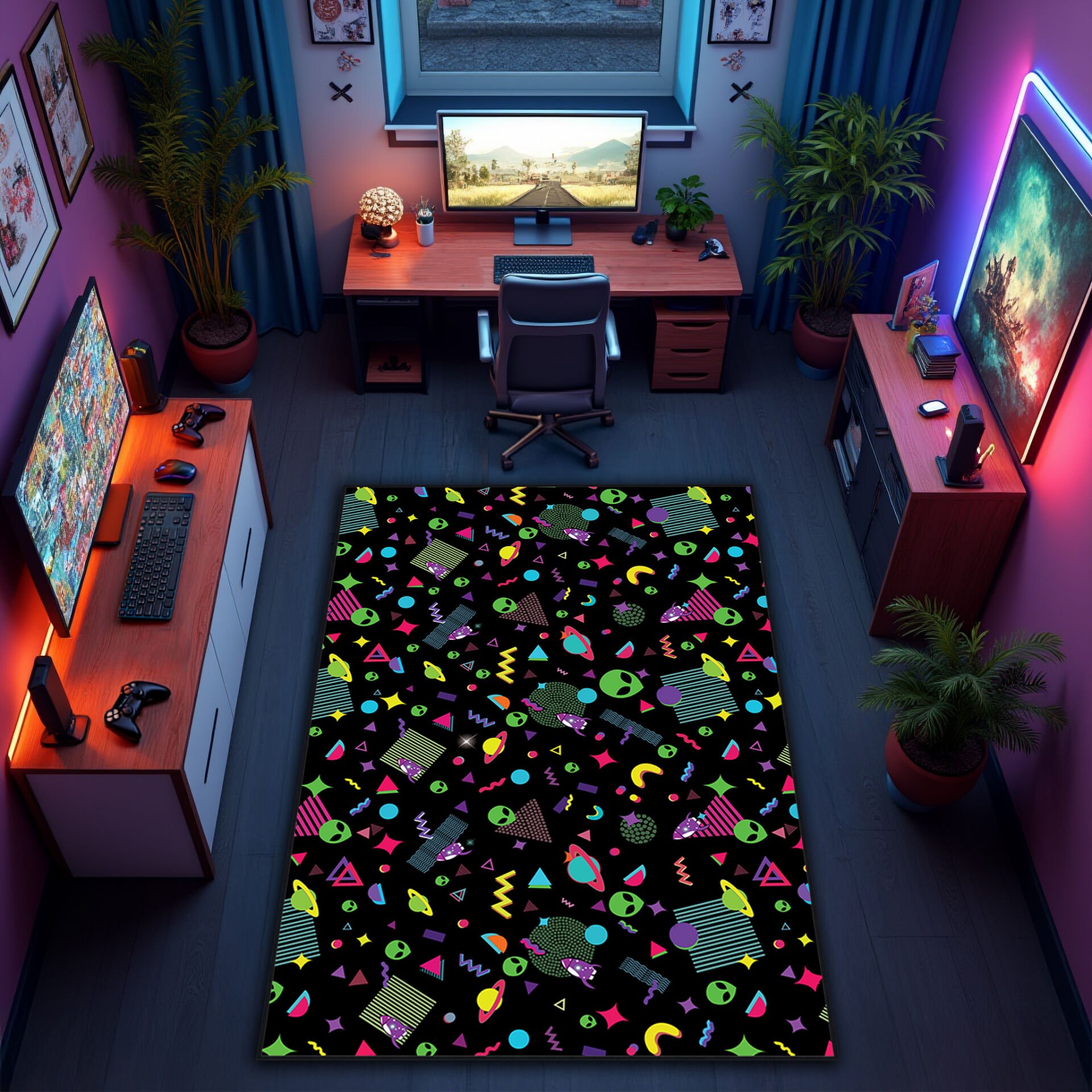 Vibrant Alien Pattern Game Room Rug – Neon Space Theme Gamer Carpet for Modern Gaming Setups