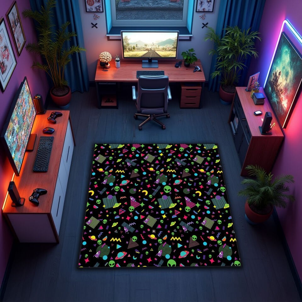 Vibrant Alien Pattern Game Room Rug – Neon Space Theme Gamer Carpet for Modern Gaming Setups