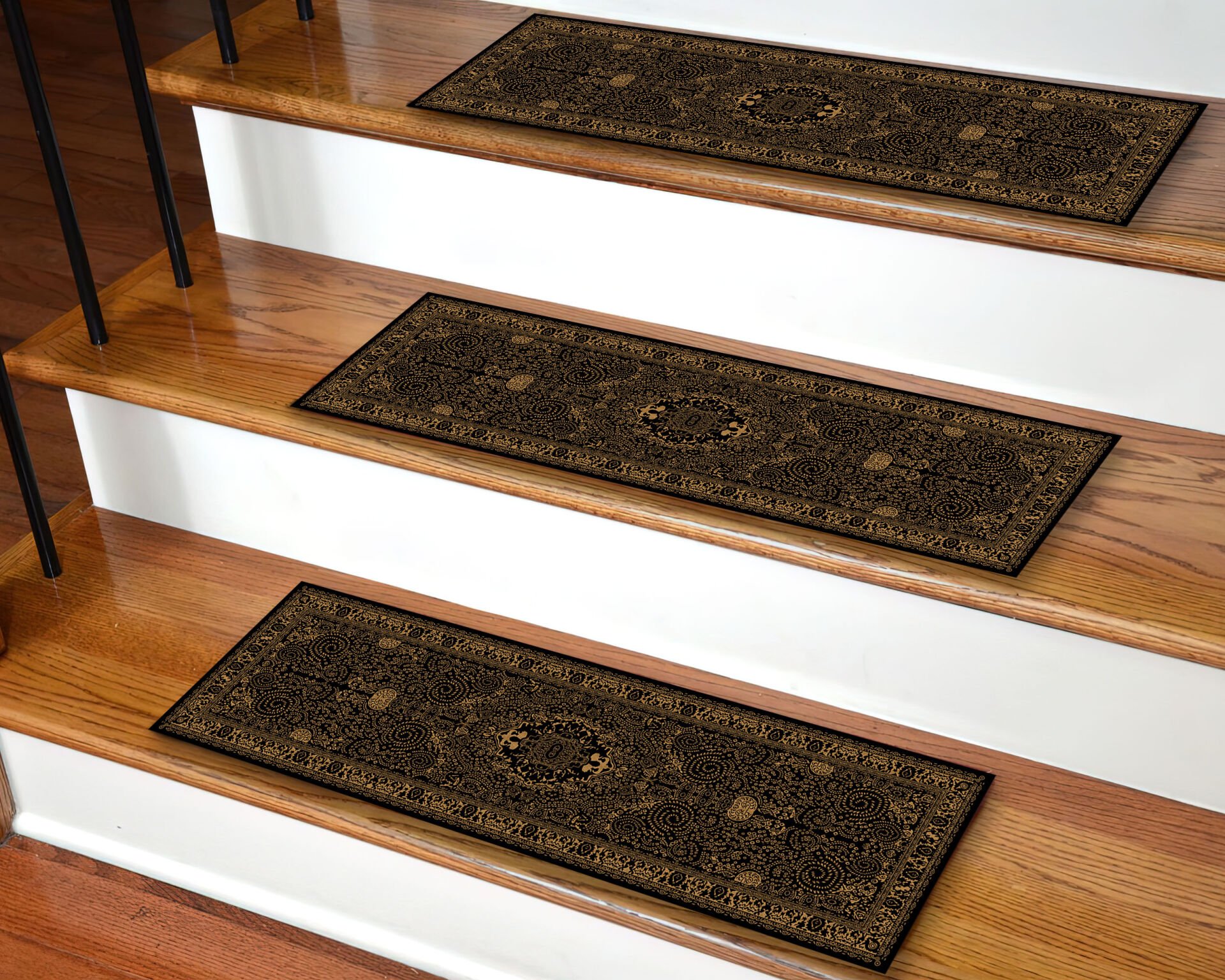 Elegant Black & Gold Stair Treads – Classic Persian Rug Design