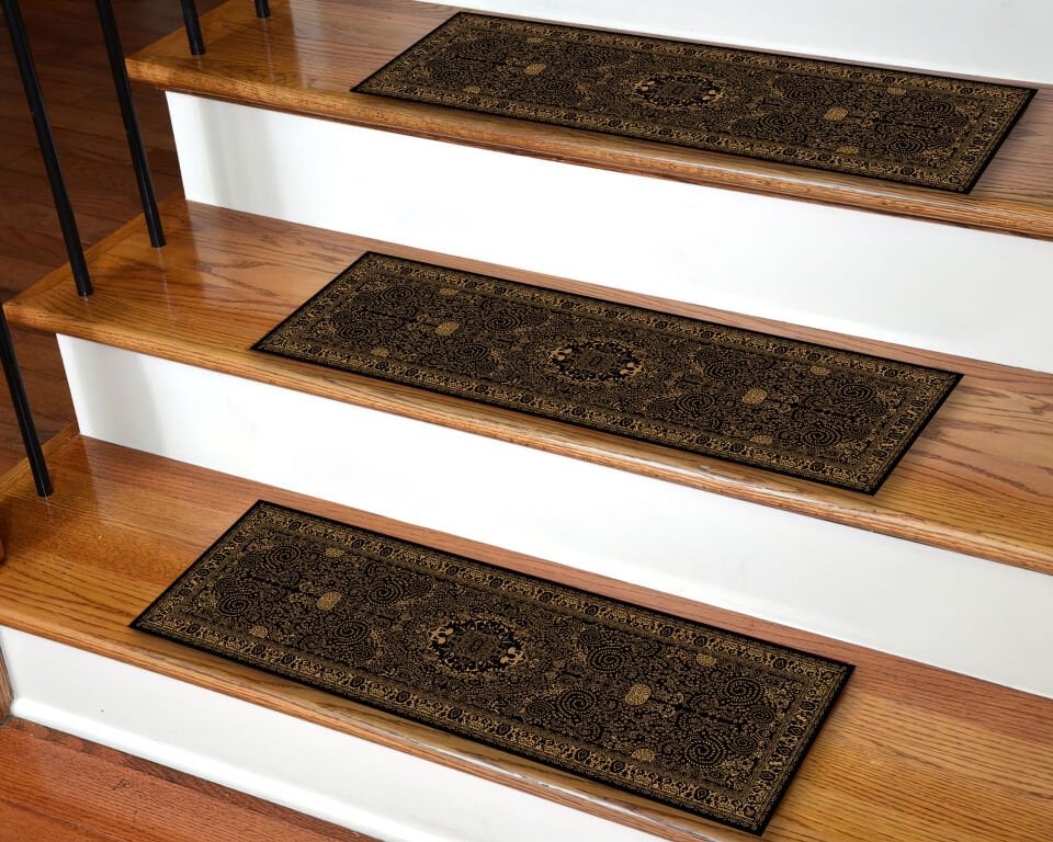 Elegant Black & Gold Stair Treads – Classic Persian Rug Design