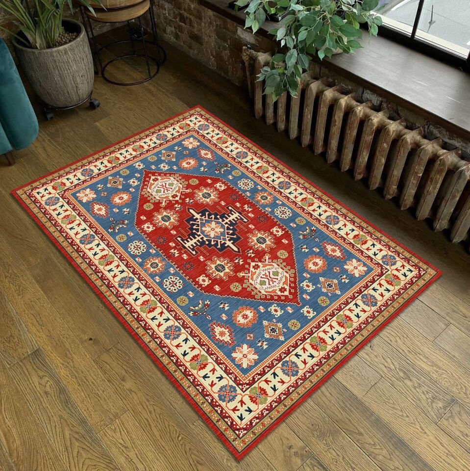 Geometric Tribal Rug Red Blue Ethnic Pattern Carpet for Living Room