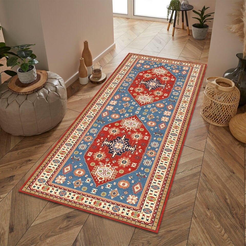 Geometric Tribal Rug Red Blue Ethnic Pattern Carpet for Living Room