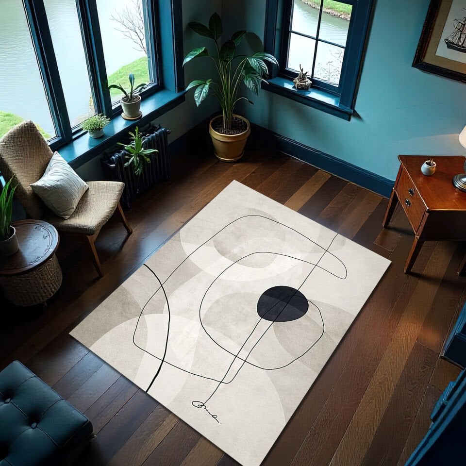 Modern Abstract Beige Rug – Minimalist Line Art Carpet with Neutral Tones