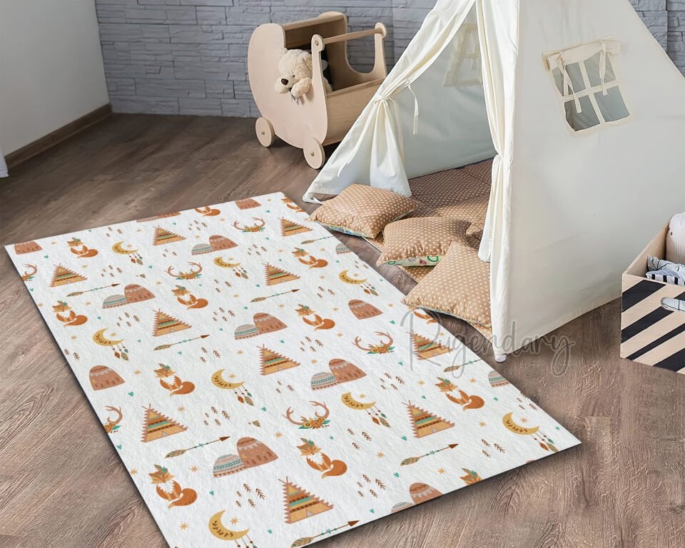 Kids Area Rug with Woodland Teepee & Animal Design – Soft & Cozy Playroom Carpet