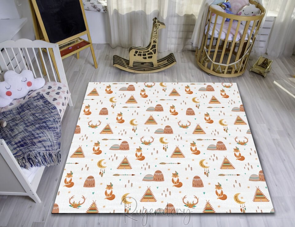 Kids Area Rug with Woodland Teepee & Animal Design – Soft & Cozy Playroom Carpet