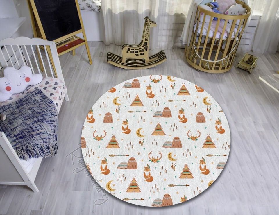 Kids Area Rug with Woodland Teepee & Animal Design – Soft & Cozy Playroom Carpet