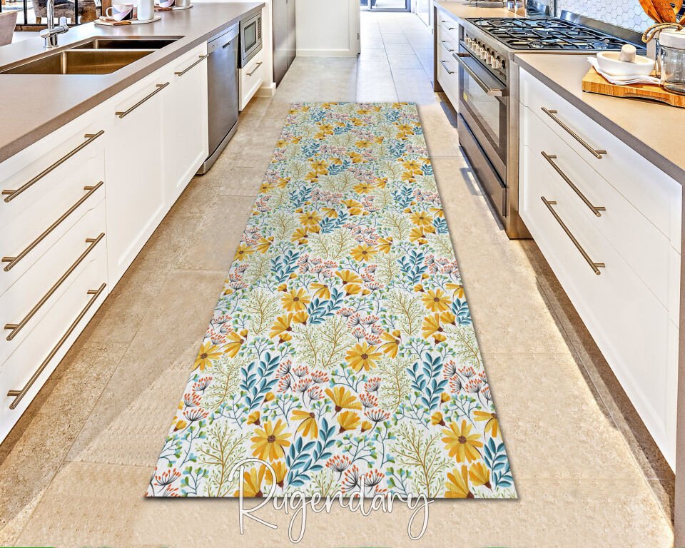Yellow Floral Runner Rug – Botanical Garden Pattern, Non-Slip & Washable Hallway Carpet