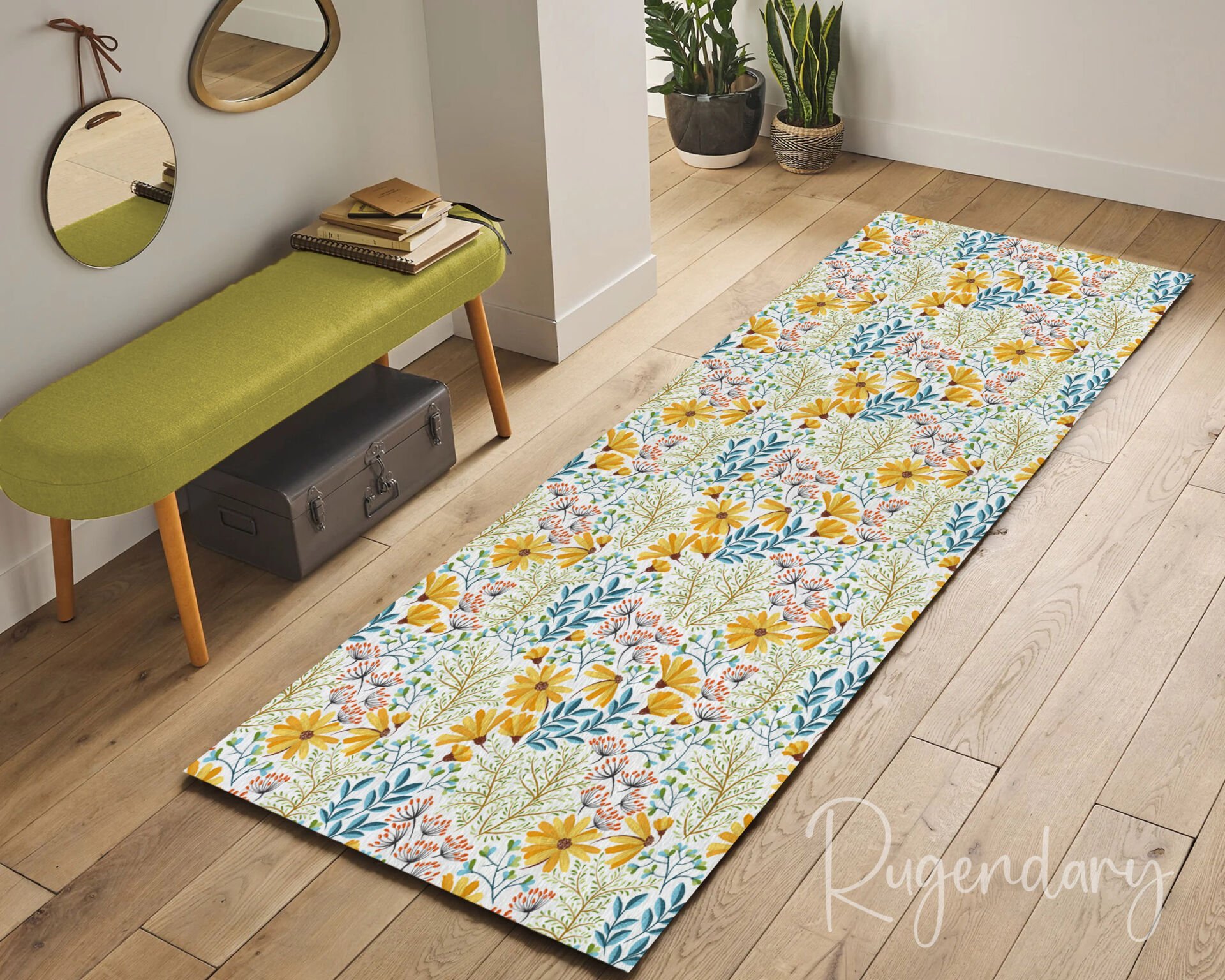 Yellow Floral Runner Rug – Botanical Garden Pattern, Non-Slip & Washable Hallway Carpet