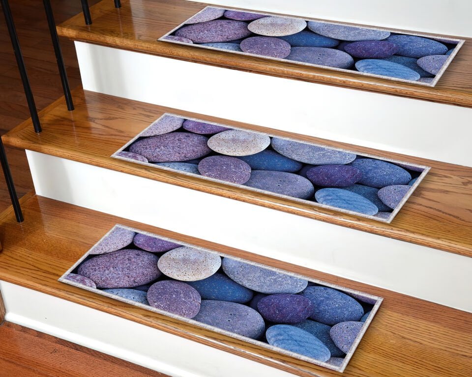 Blue and Purple Pebble Print Stair Treads – 3D Realistic Non-Slip Carpet Mats