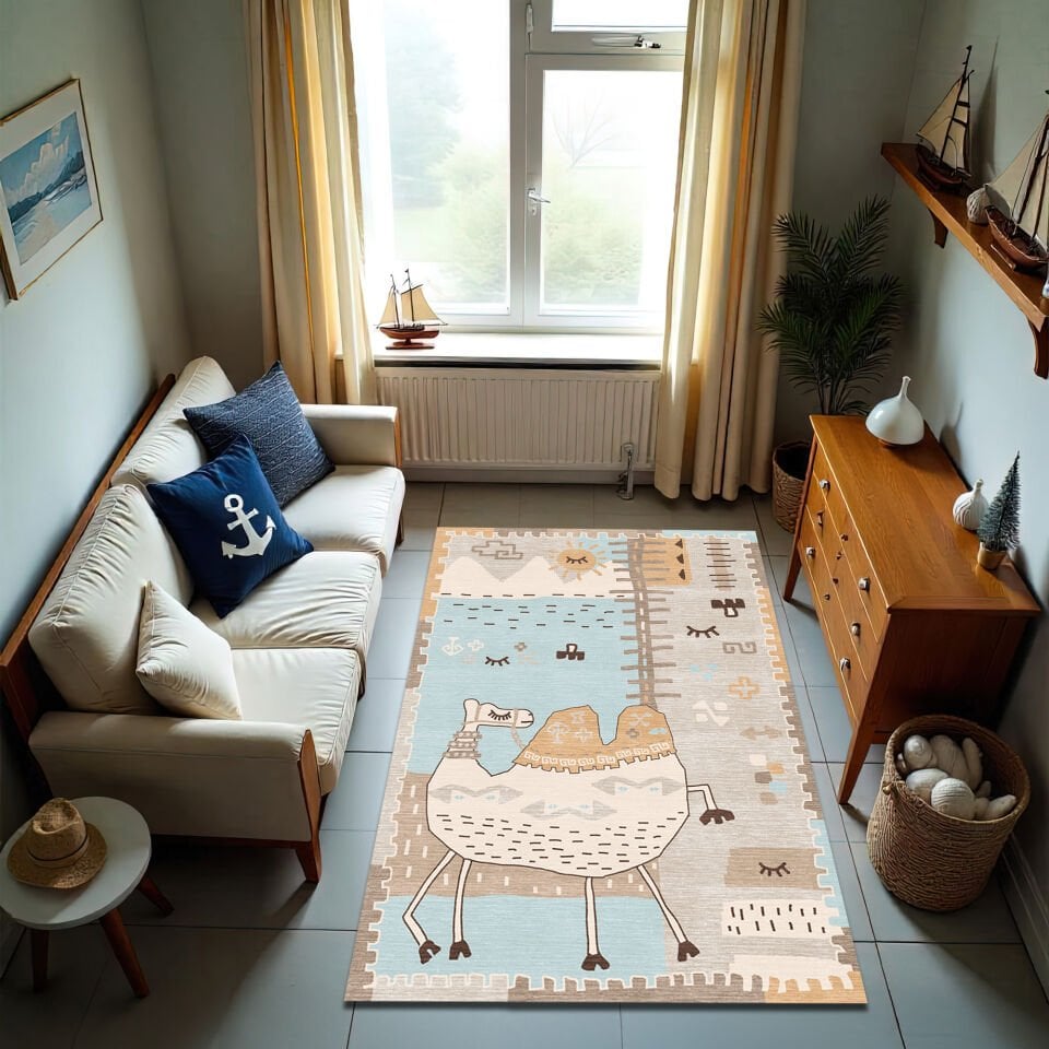 Whimsical Camel & Desert Rug – Soft Pastel Boho Kids Room Carpet