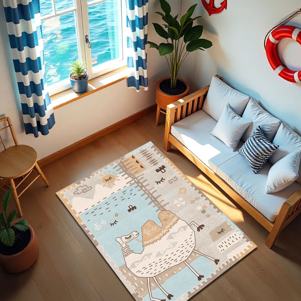 Whimsical Camel & Desert Rug – Soft Pastel Boho Kids Room Carpet