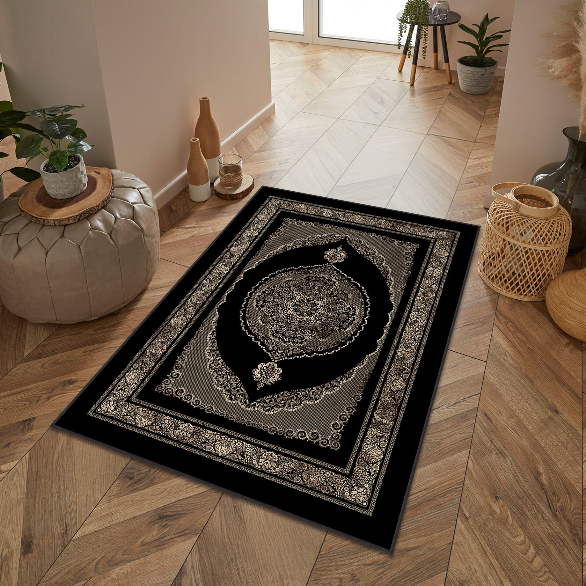 Black Oriental Medallion Rug Elegant Classic Pattern Decorative Carpet