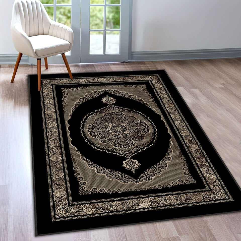 Black Oriental Medallion Rug Elegant Classic Pattern Decorative Carpet
