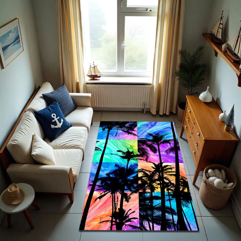 Tropical Sunset Palm Tree Rug – Colorful Modern Living Room Carpet